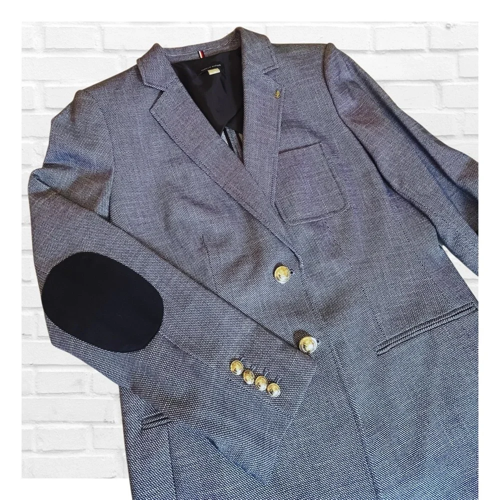 Tommy Hilfiger 14 Fitted Navy Tweed Elbow Patch Blazer Preppy Nautical Academia